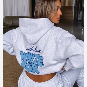 White Fox Boutique Light Gray Hoodie with Blue Logo with love lounge collection